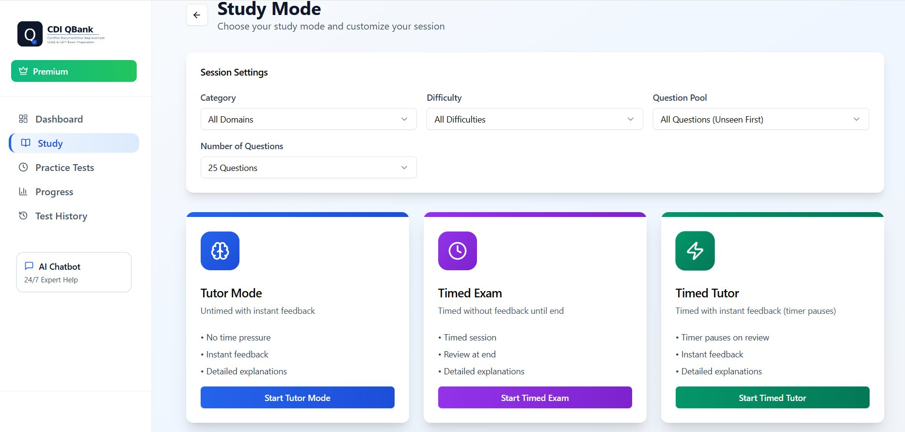 CCDS QBank Study Mode — choose domains, difficulty, and study style